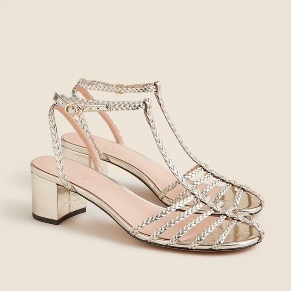 New JCREW Size 8 Shay Braided-Strap Block-Heel Sandals in Metallic Leather $188 - Picture 1 of 7